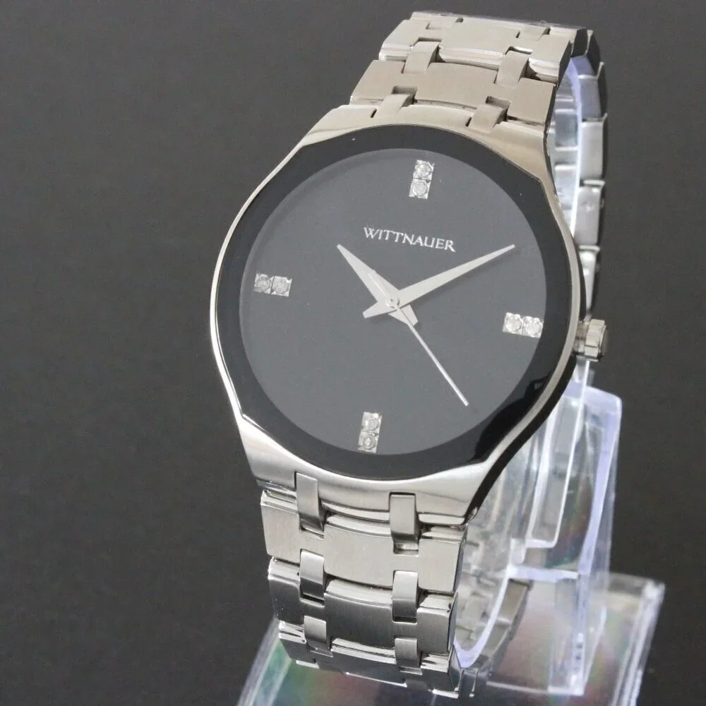 Wittnauer Ladies Dress Watch 8 Diamonds On Black Sun-ray Dial 36mm